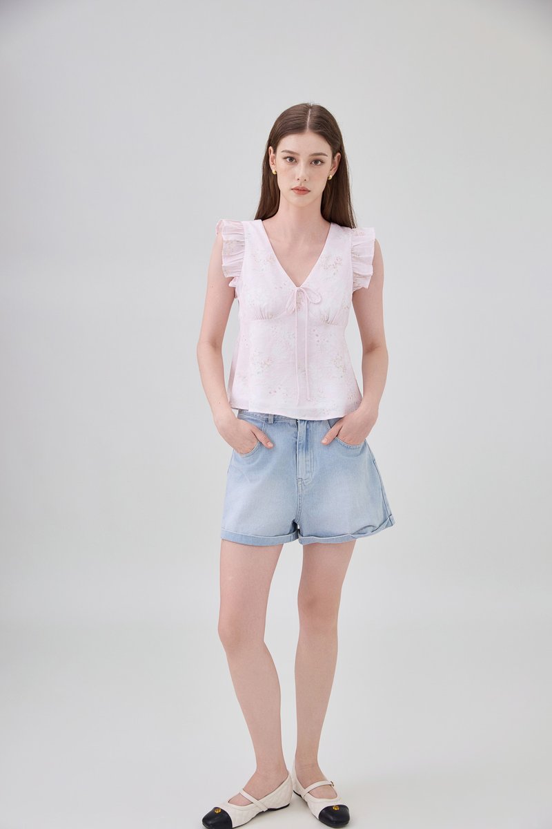 Soraya Ruffles Floral Ribbon Top In Pink