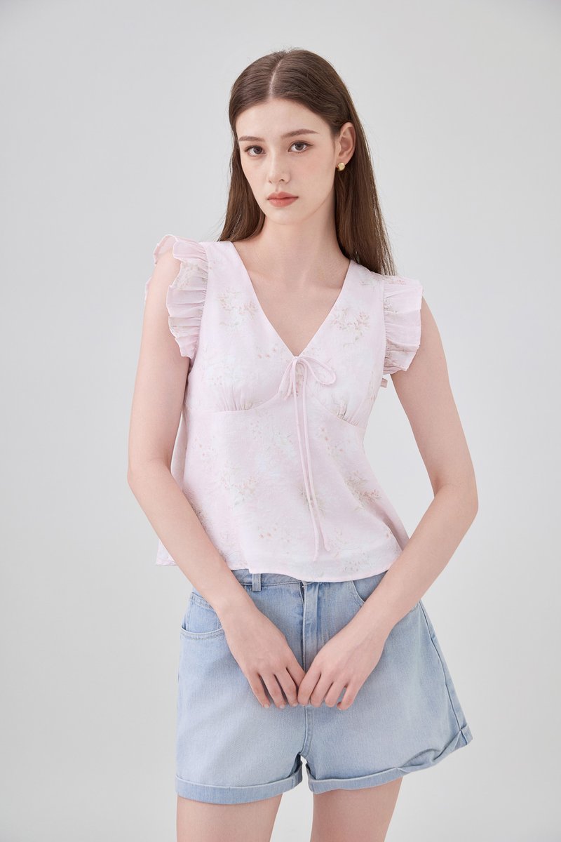 Soraya Ruffles Floral Ribbon Top In Pink