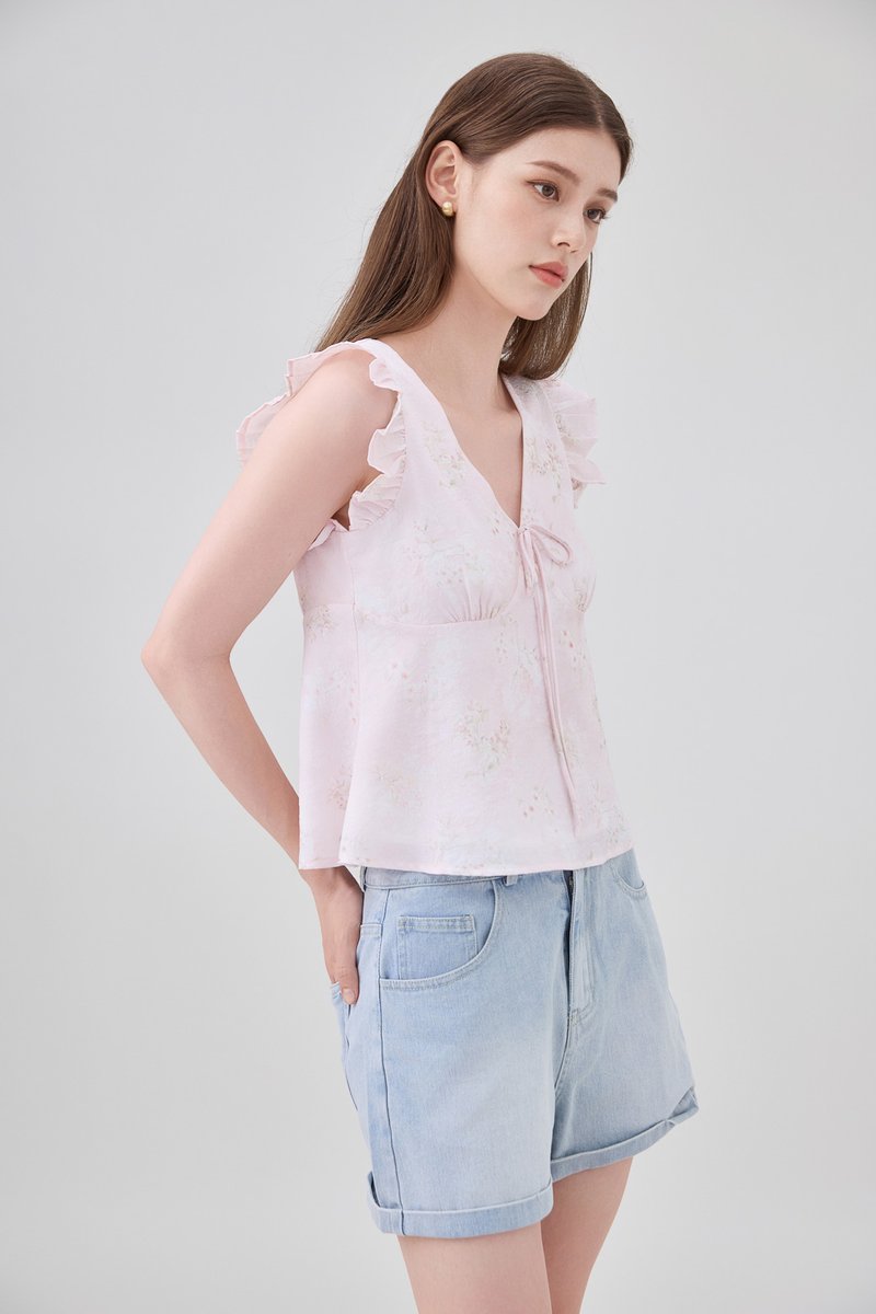 Soraya Ruffles Floral Ribbon Top In Pink