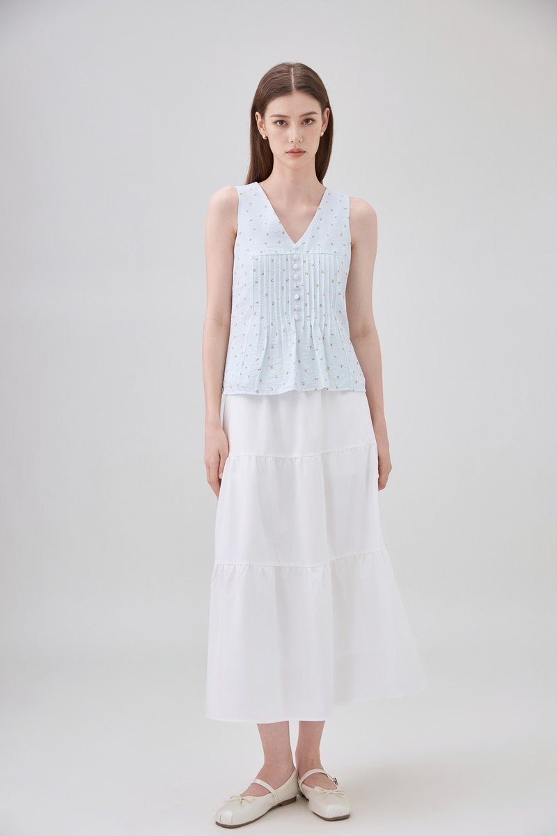 Eleanora Pintuck Floral Button Top In Tiffany Blue