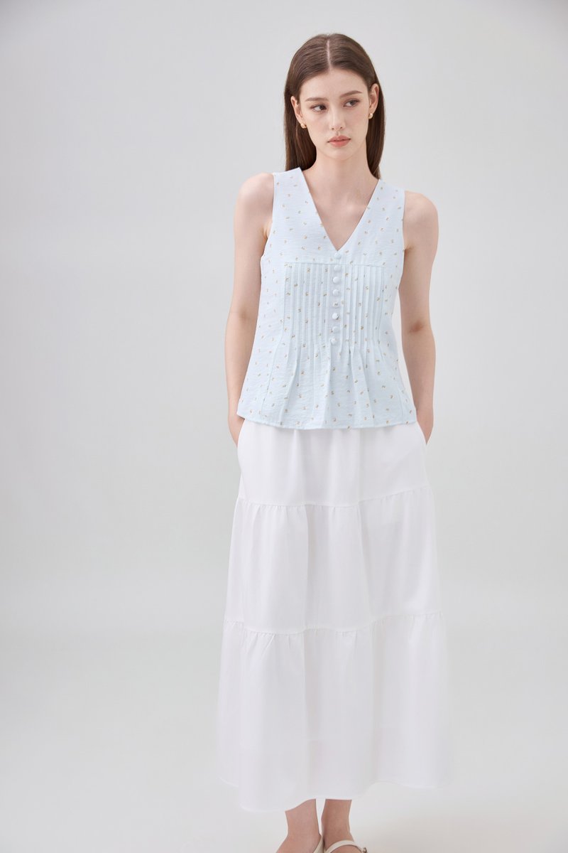 Eleanora Pintuck Floral Button Top In Tiffany Blue