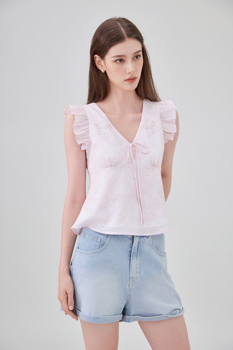 Soraya Ruffles Floral Ribbon Top In Pink