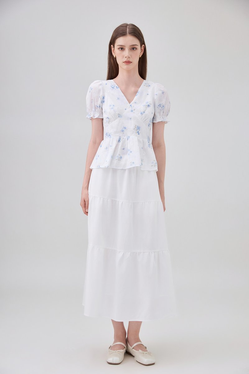 Lyanna Embroidered Empire Waist Babydoll Top In Blue