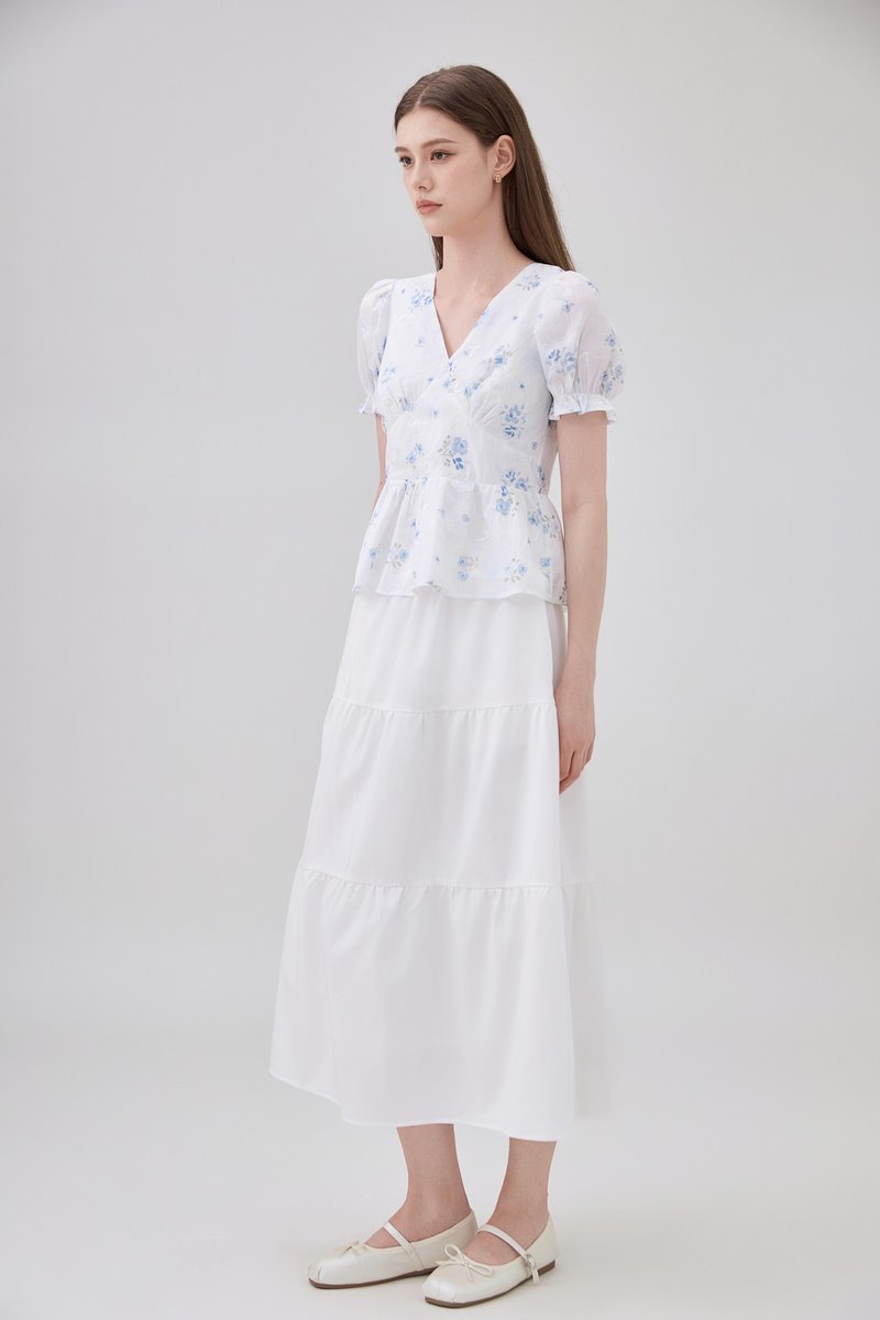 Lyanna Embroidered Empire Waist Babydoll Top In Blue
