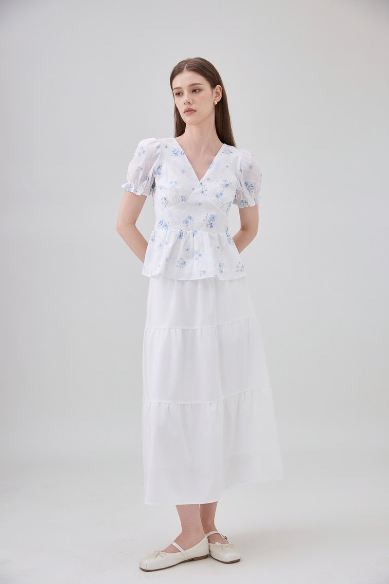 Lyanna Embroidered Empire Waist Babydoll Top In Blue