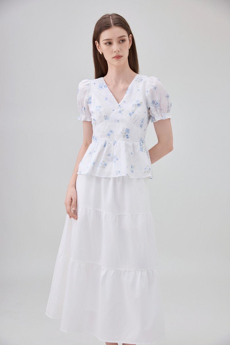 Lyanna Embroidered Empire Waist Babydoll Top In Blue