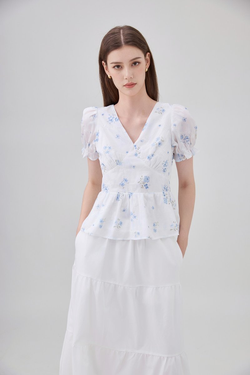 Lyanna Embroidered Empire Waist Babydoll Top In Blue