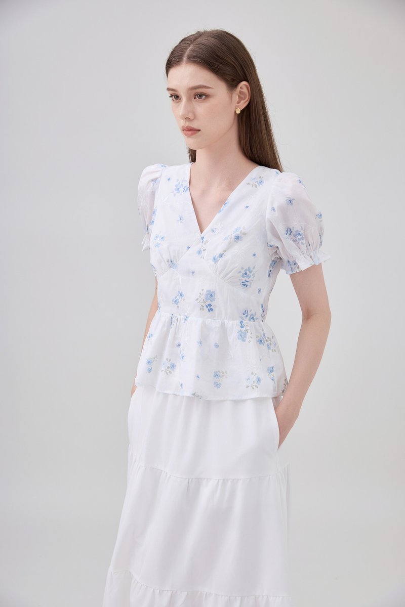 Lyanna Embroidered Empire Waist Babydoll Top In Blue