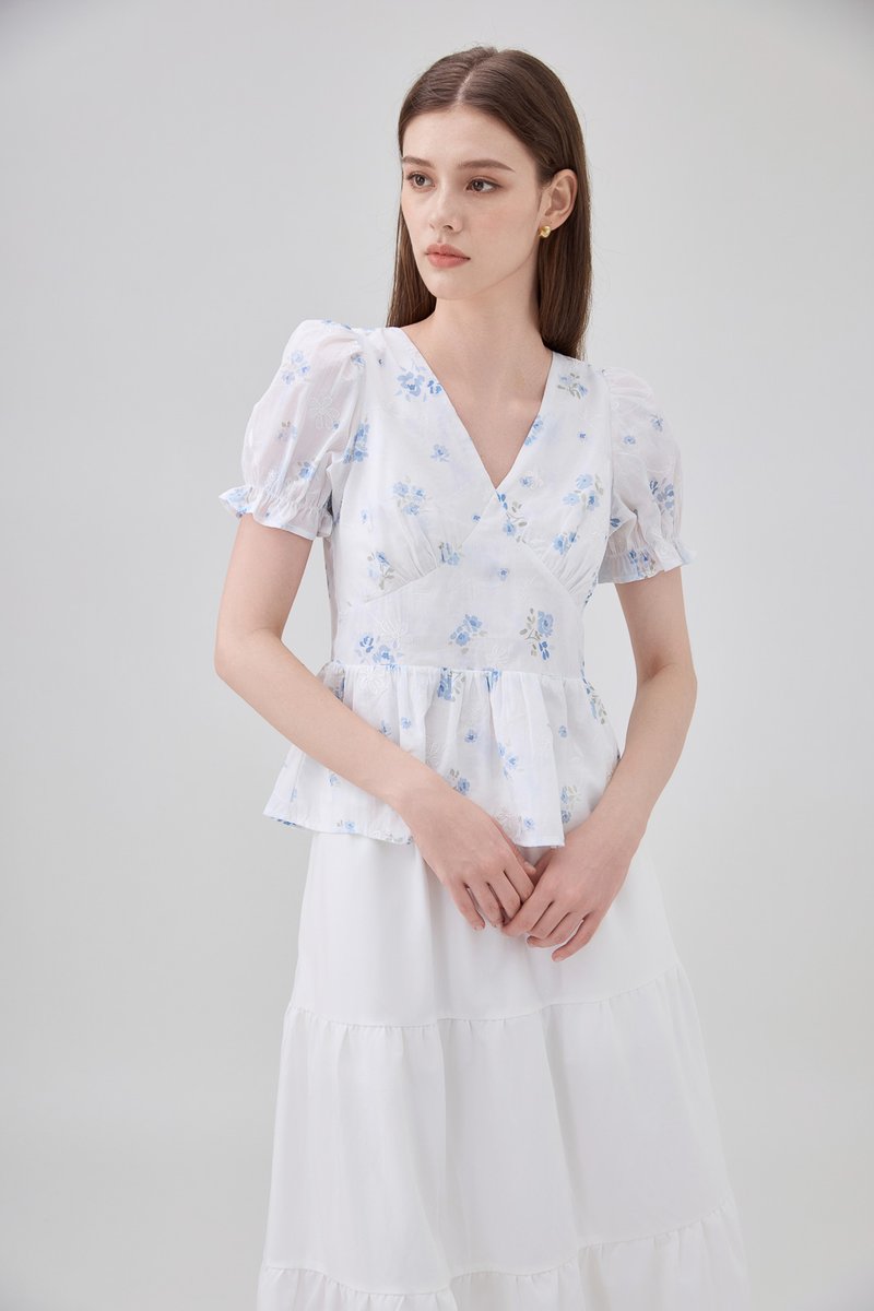 Lyanna Embroidered Empire Waist Babydoll Top In Blue