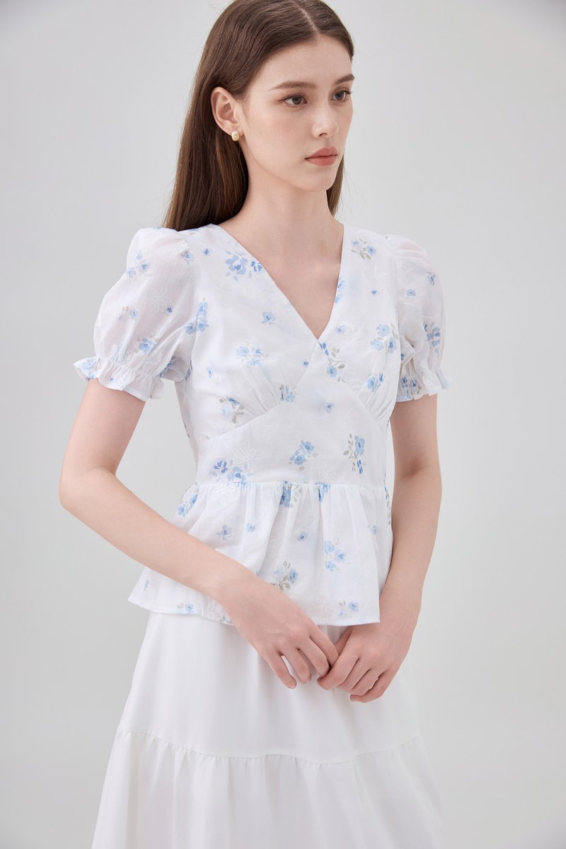 Lyanna Embroidered Empire Waist Babydoll Top In Blue