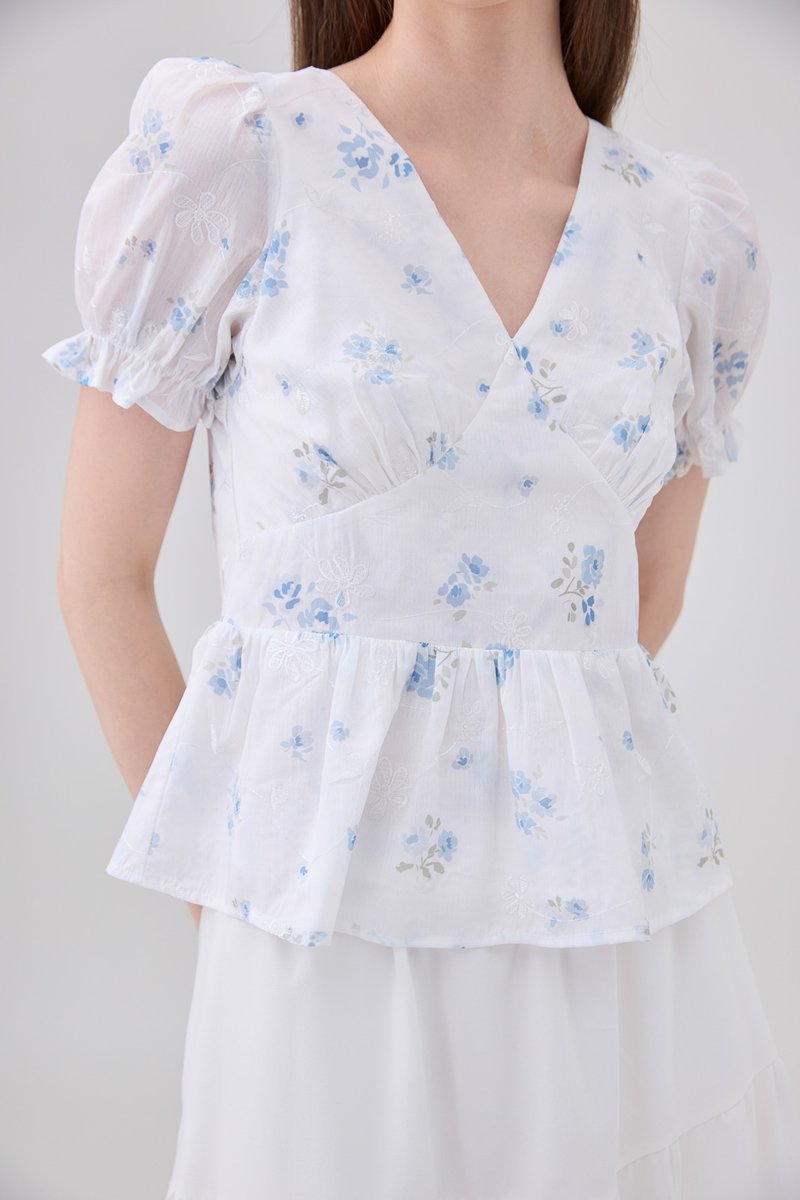 Lyanna Embroidered Empire Waist Babydoll Top In Blue