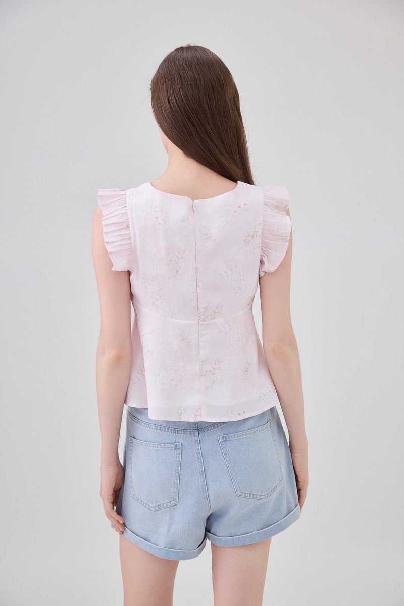 Soraya Ruffles Floral Ribbon Top In Pink
