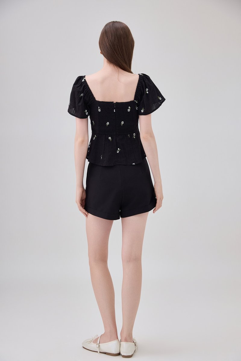 Mariel Swiss Dot Ruched Floral Top In Black