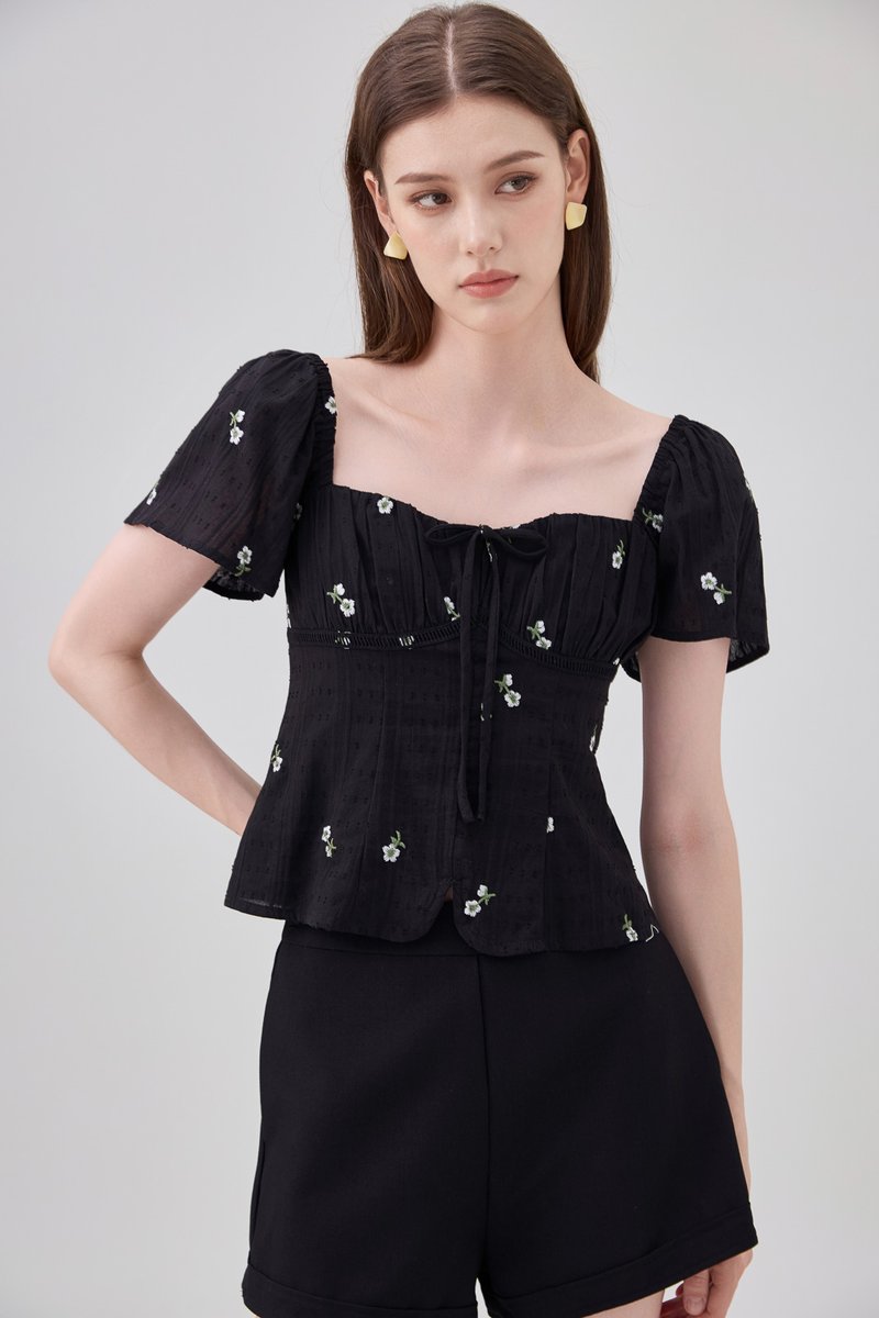 Mariel Swiss Dot Ruched Floral Top In Black