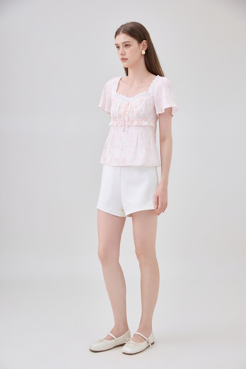 Laurel Gingham Floral Ribbon Top In Pink