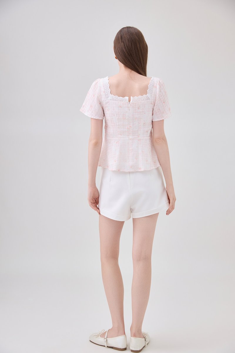 Laurel Gingham Floral Ribbon Top In Pink