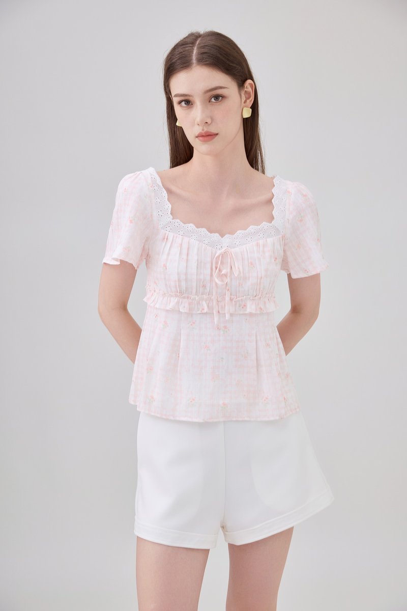 Laurel Gingham Floral Ribbon Top In Pink