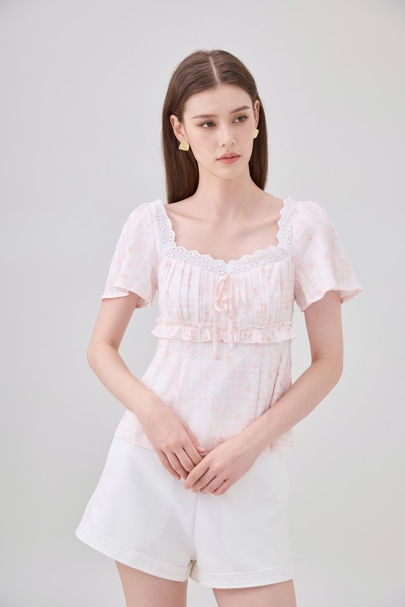 Laurel Gingham Floral Ribbon Top In Pink