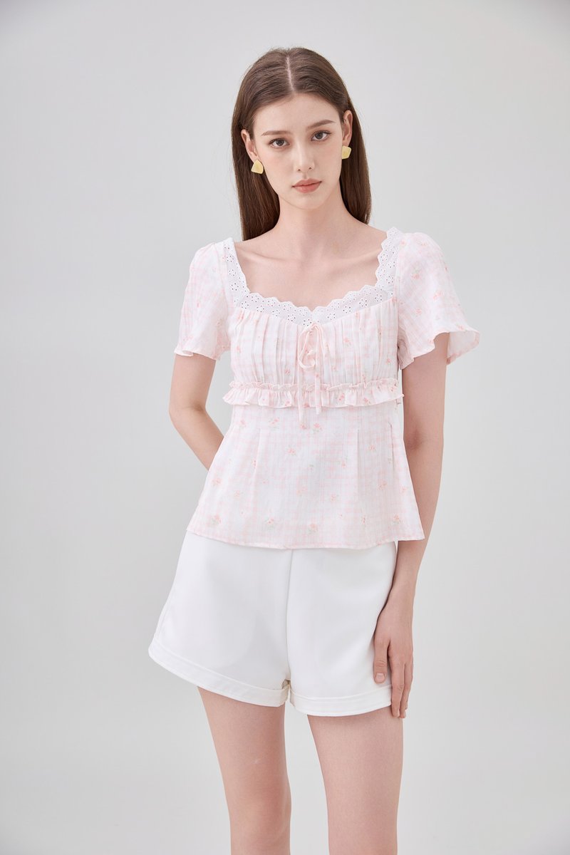 Laurel Gingham Floral Ribbon Top In Pink