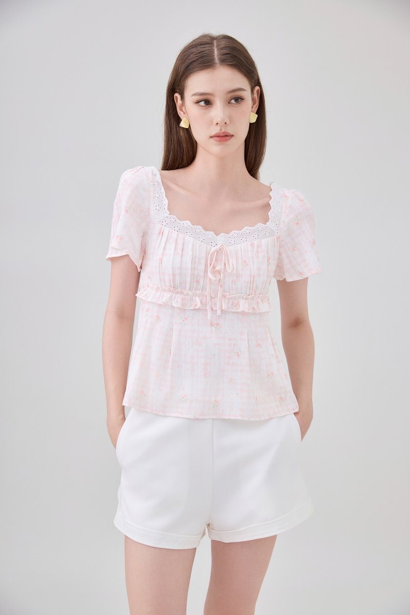 Laurel Gingham Floral Ribbon Top In Pink