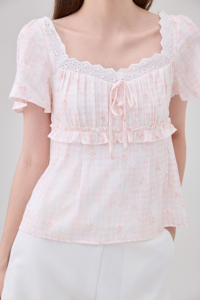 Laurel Gingham Floral Ribbon Top In Pink
