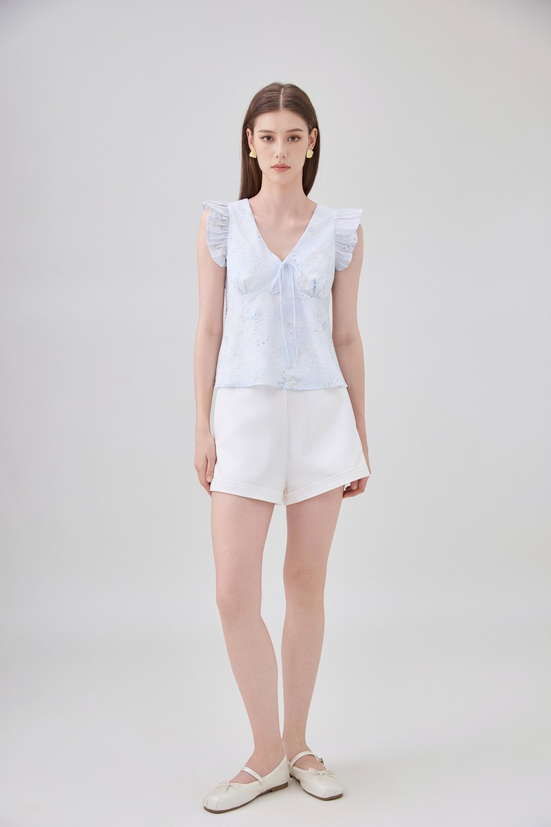 Soraya Ruffles Floral Ribbon Top In Soft Blue