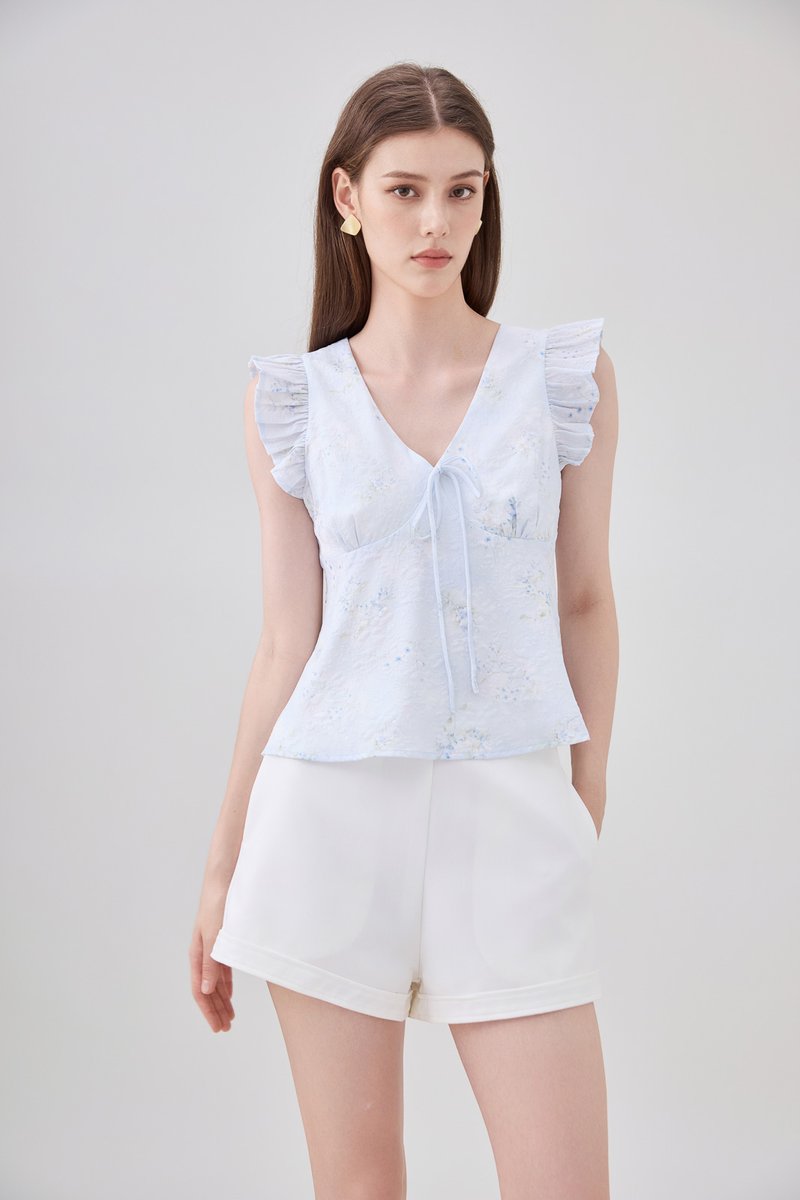 Soraya Ruffles Floral Ribbon Top In Soft Blue