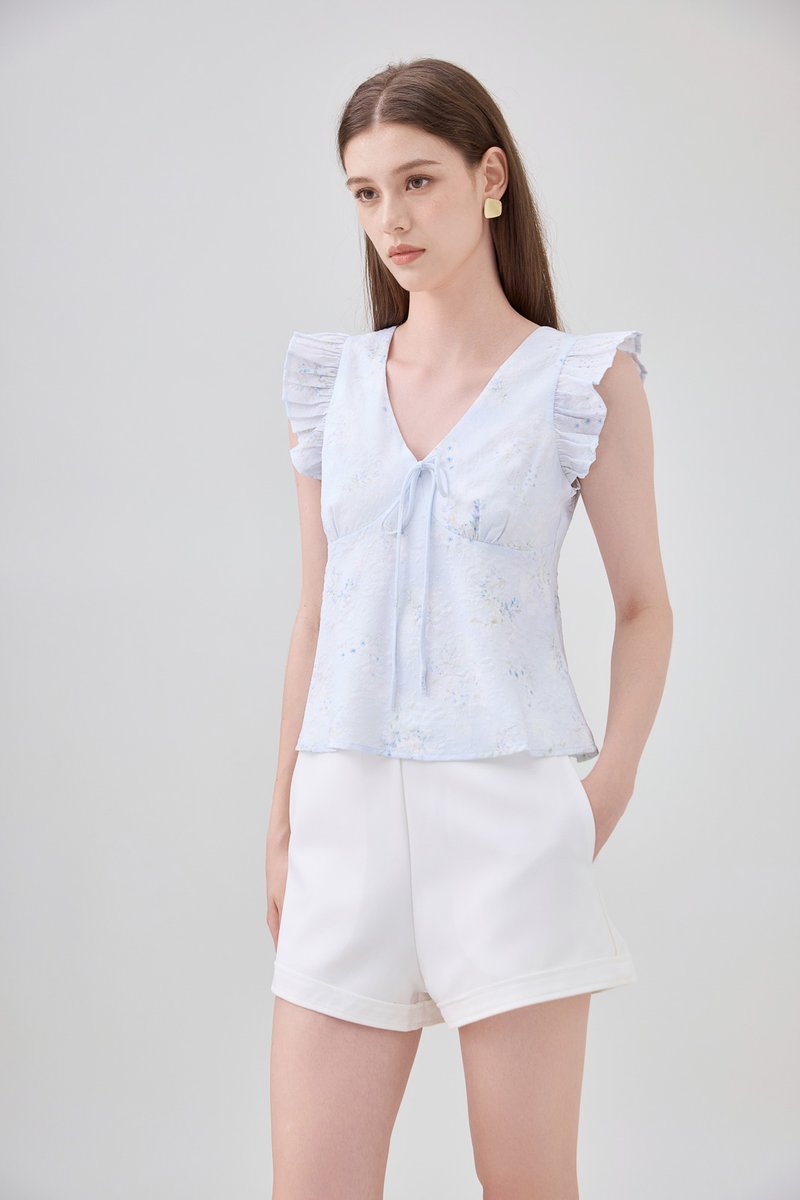 Soraya Ruffles Floral Ribbon Top In Soft Blue