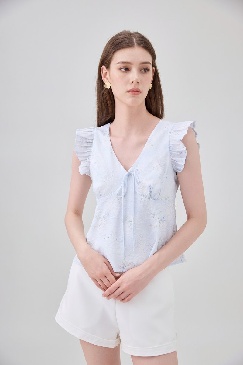 Soraya Ruffles Floral Ribbon Top In Soft Blue