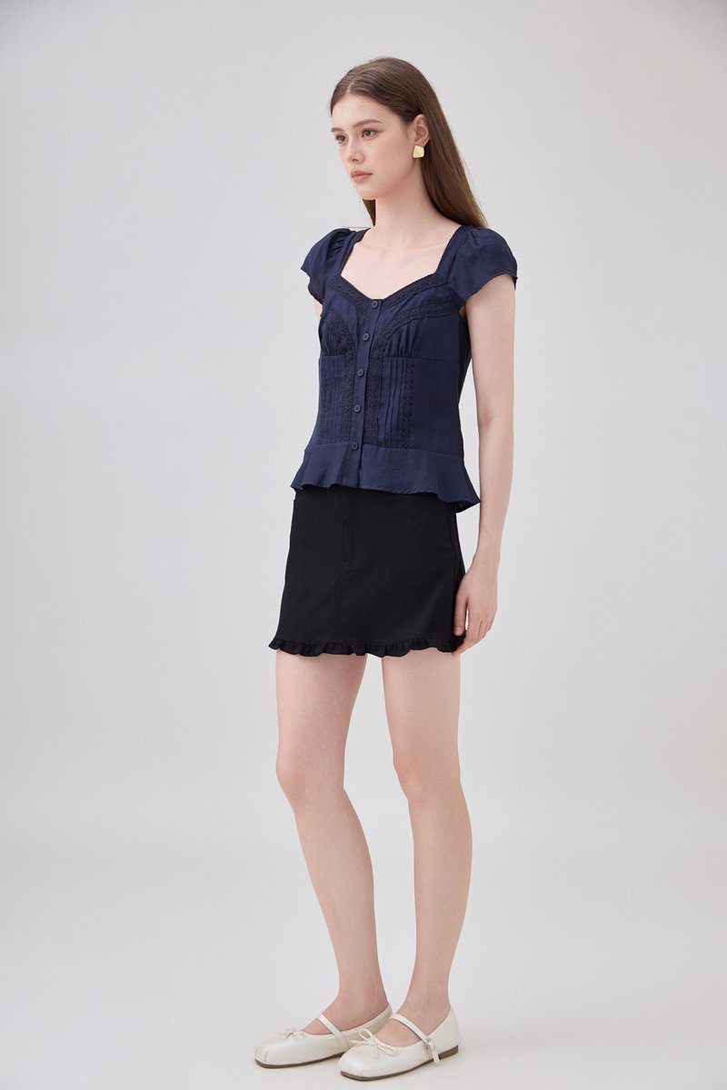 Thalia Lace Pintuck Button Top In Navy