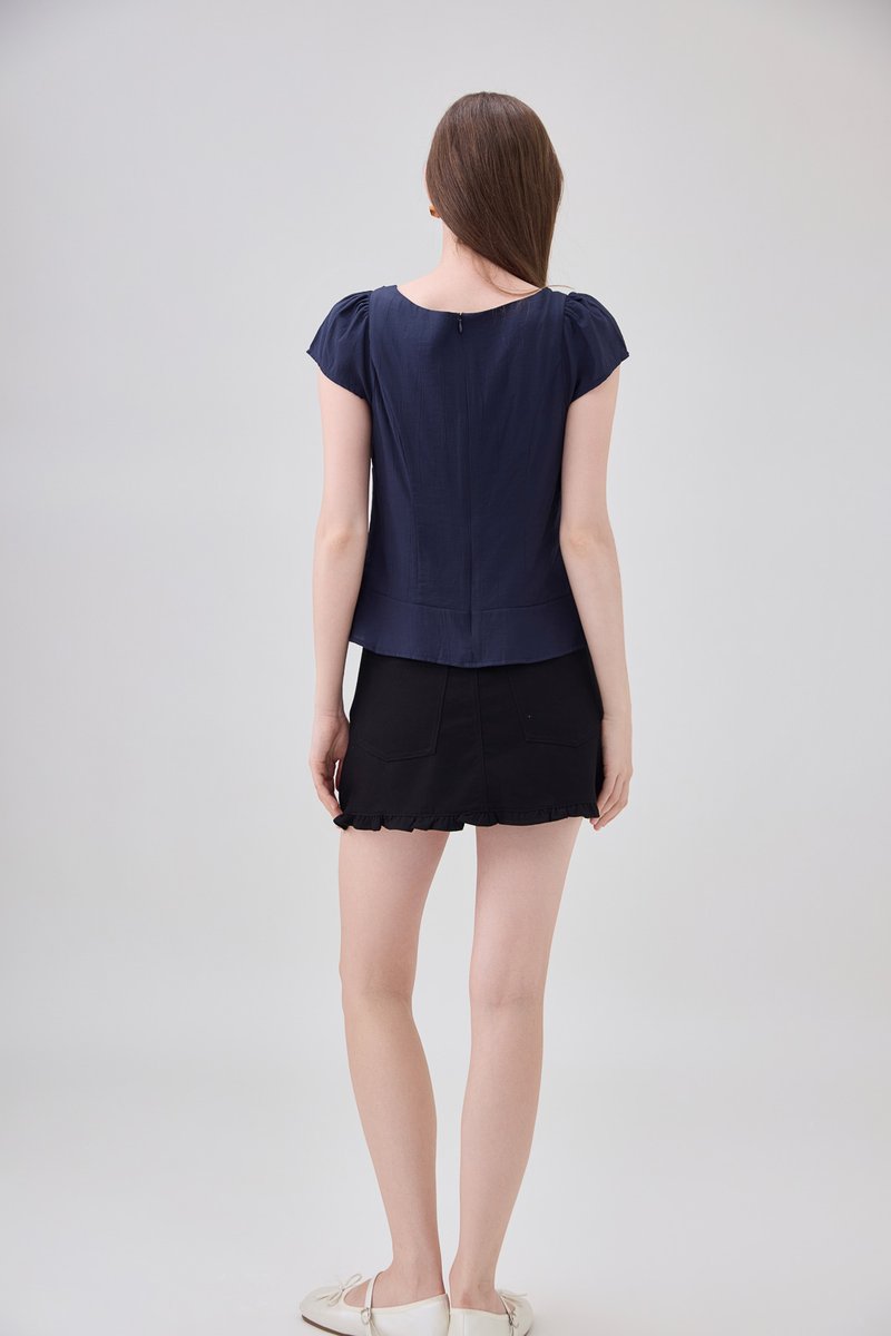 Thalia Lace Pintuck Button Top In Navy