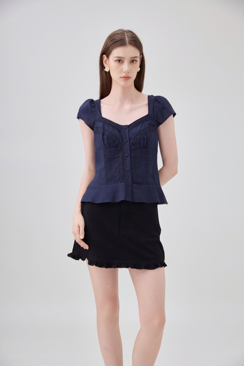 Thalia Lace Pintuck Button Top In Navy