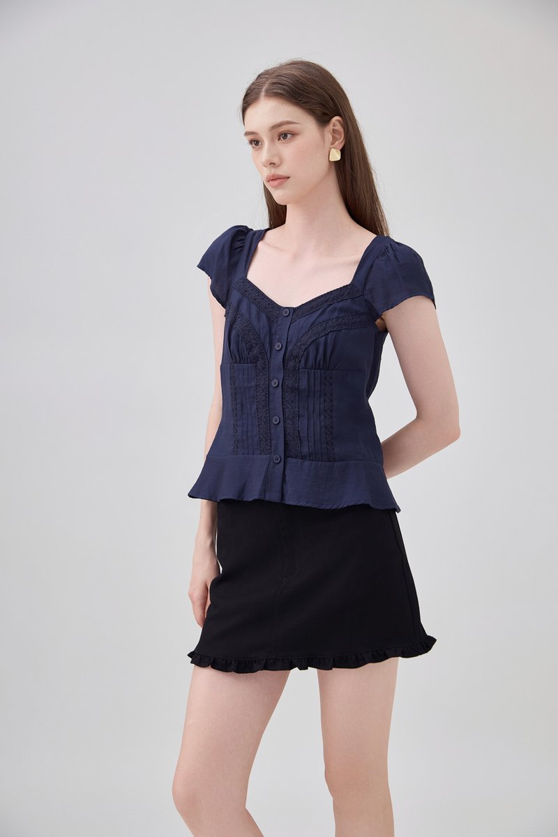 Thalia Lace Pintuck Button Top In Navy