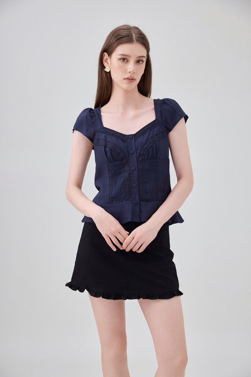 Thalia Lace Pintuck Button Top In Navy