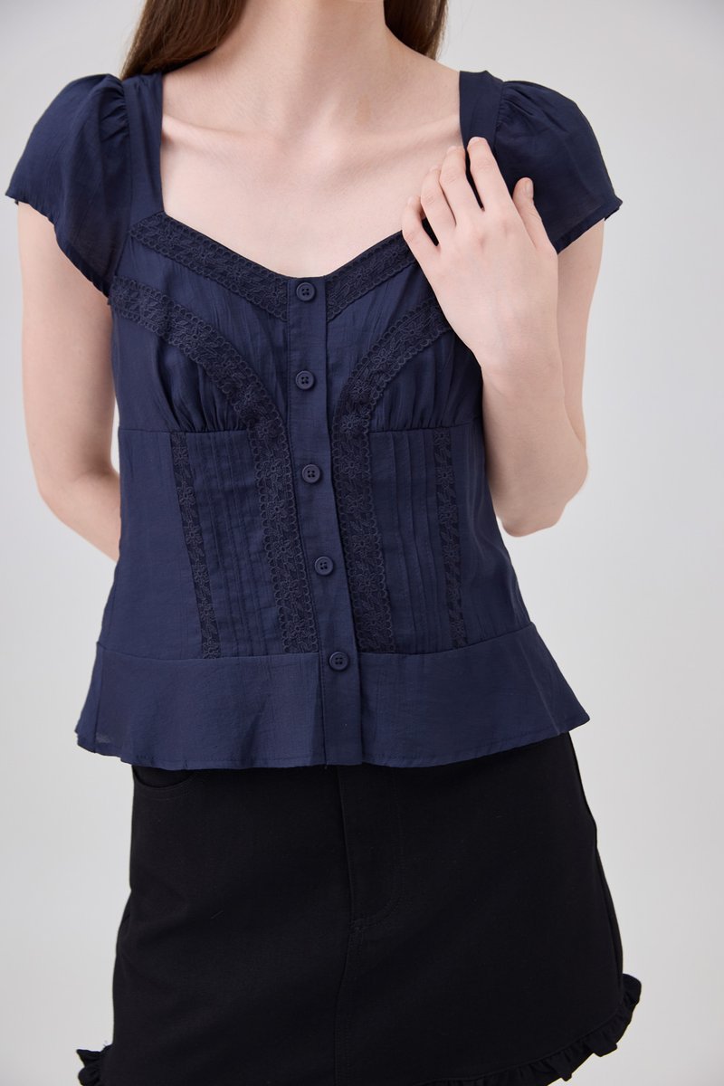 Thalia Lace Pintuck Button Top In Navy