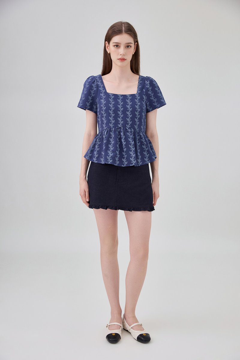 Celina Floral Vine Babydoll Top In Navy