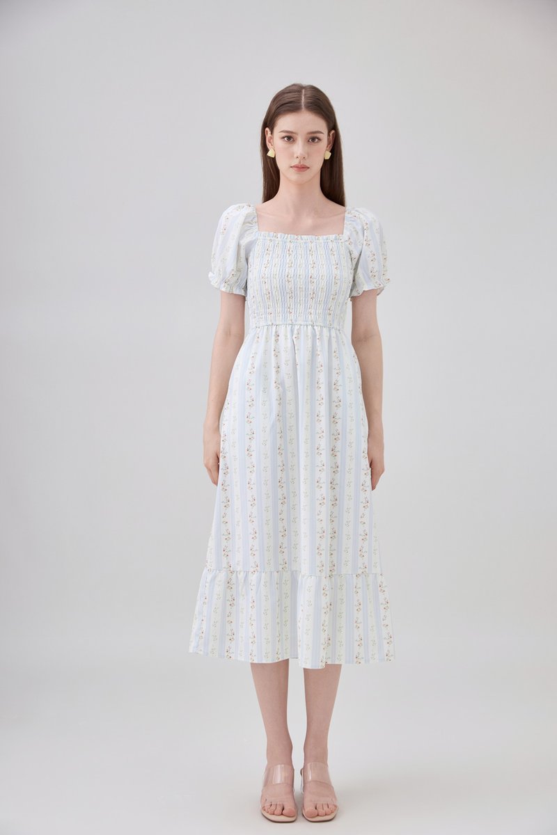 Lillie Smocked Ruffles Floral Midi Dress In Floral Stripe
