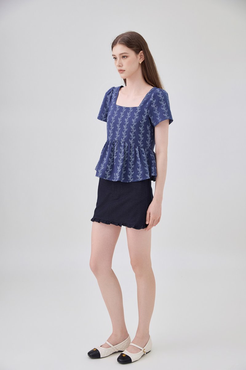 Celina Floral Vine Babydoll Top In Navy