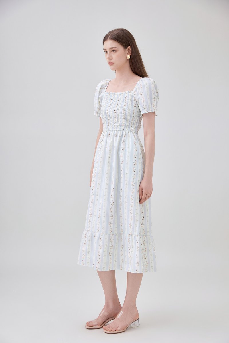 Lillie Smocked Ruffles Floral Midi Dress In Floral Stripe