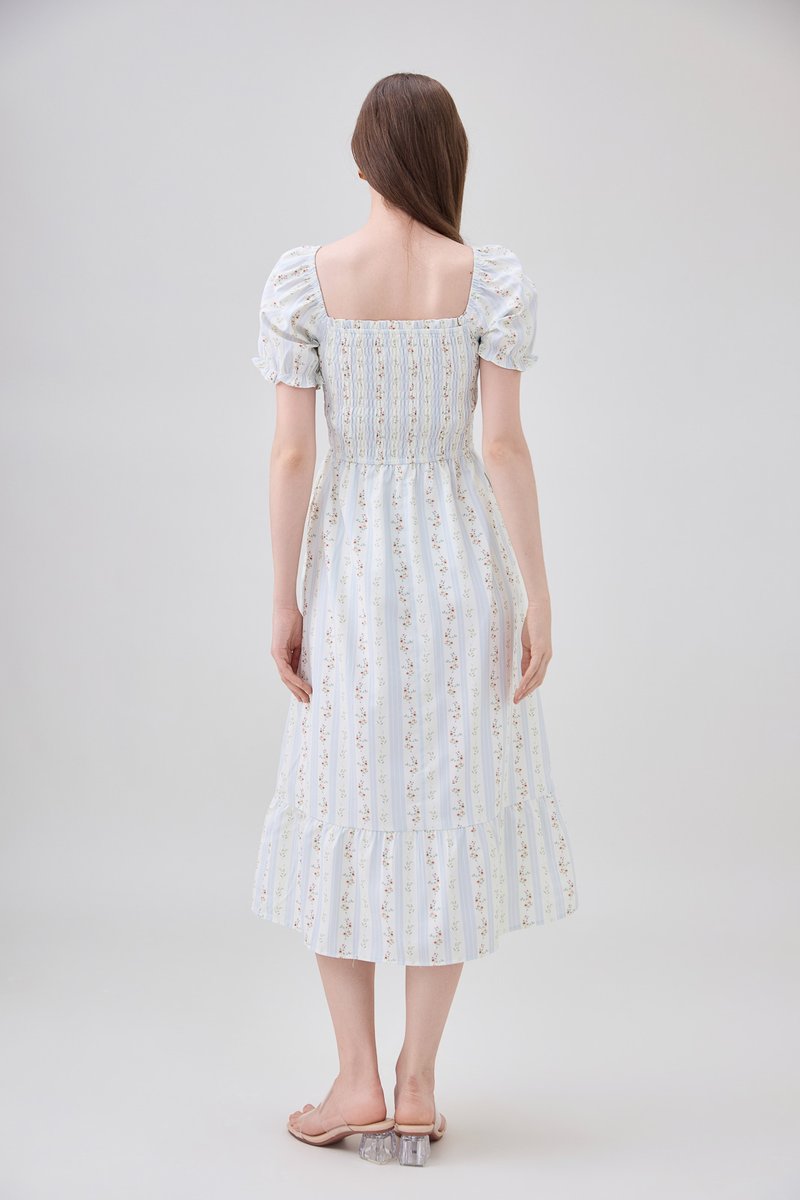 Lillie Smocked Ruffles Floral Midi Dress In Floral Stripe