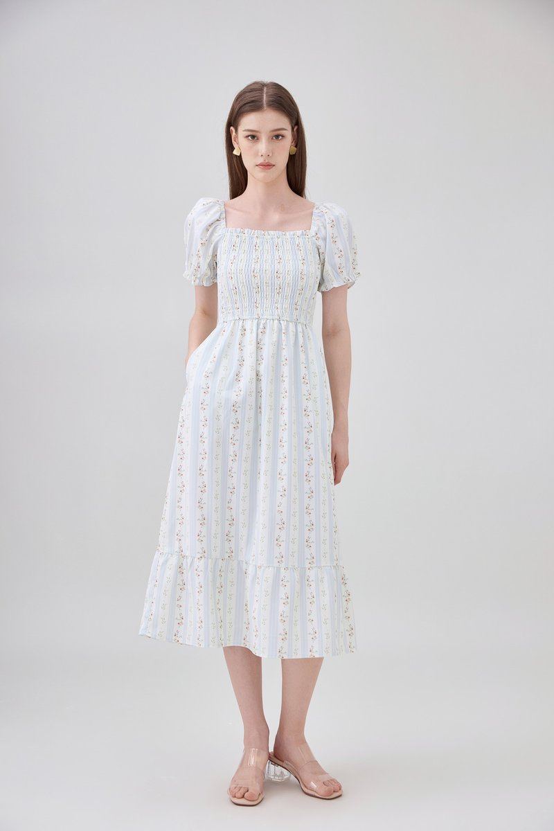 Lillie Smocked Ruffles Floral Midi Dress In Floral Stripe