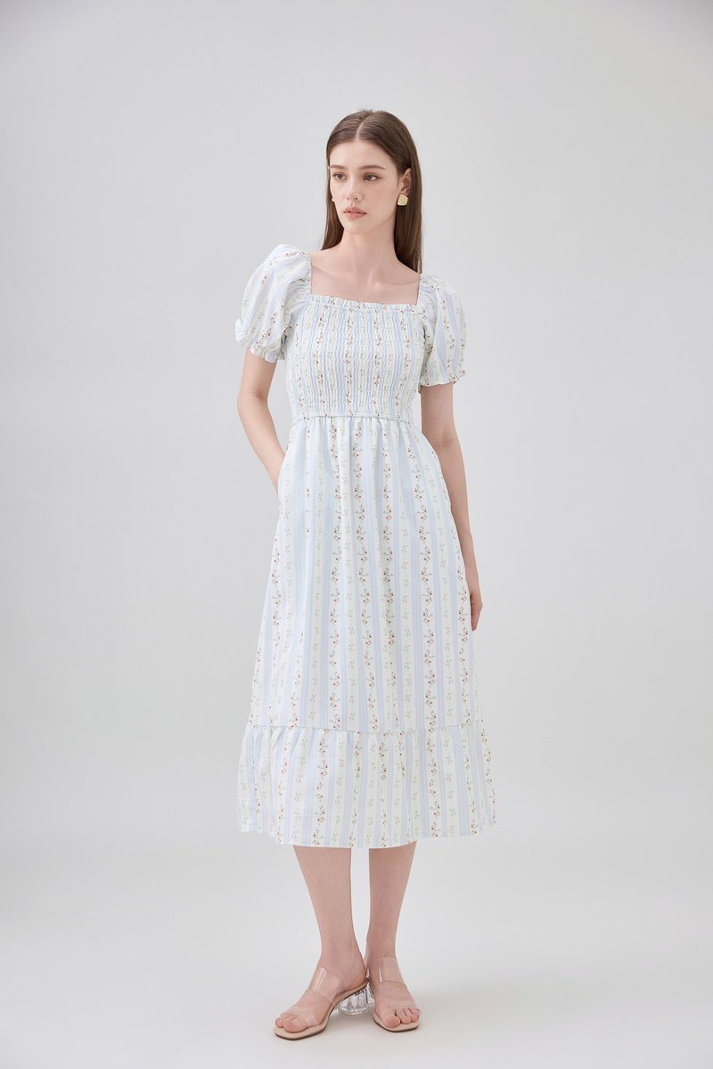Lillie Smocked Ruffles Floral Midi Dress In Floral Stripe
