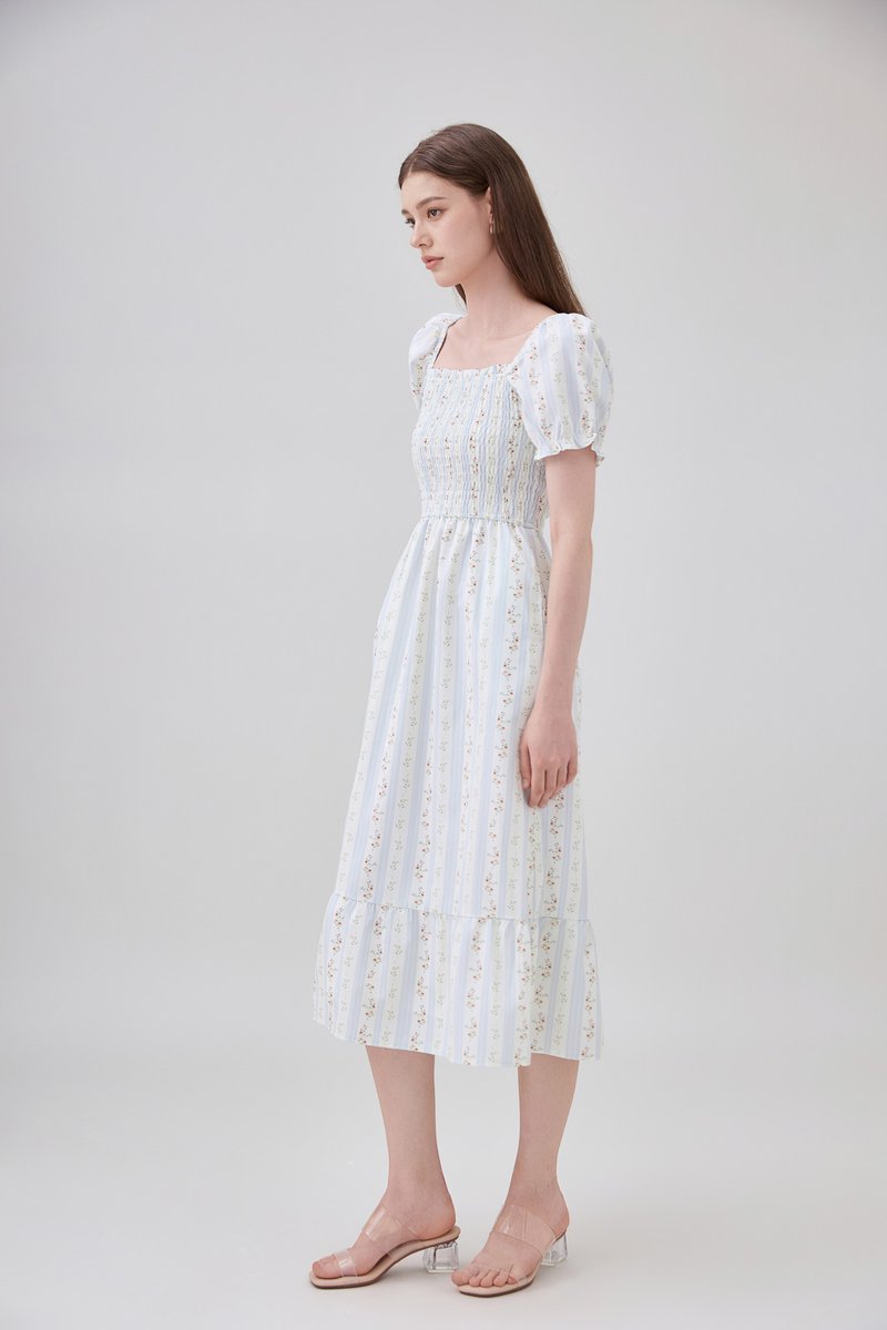 Lillie Smocked Ruffles Floral Midi Dress In Floral Stripe