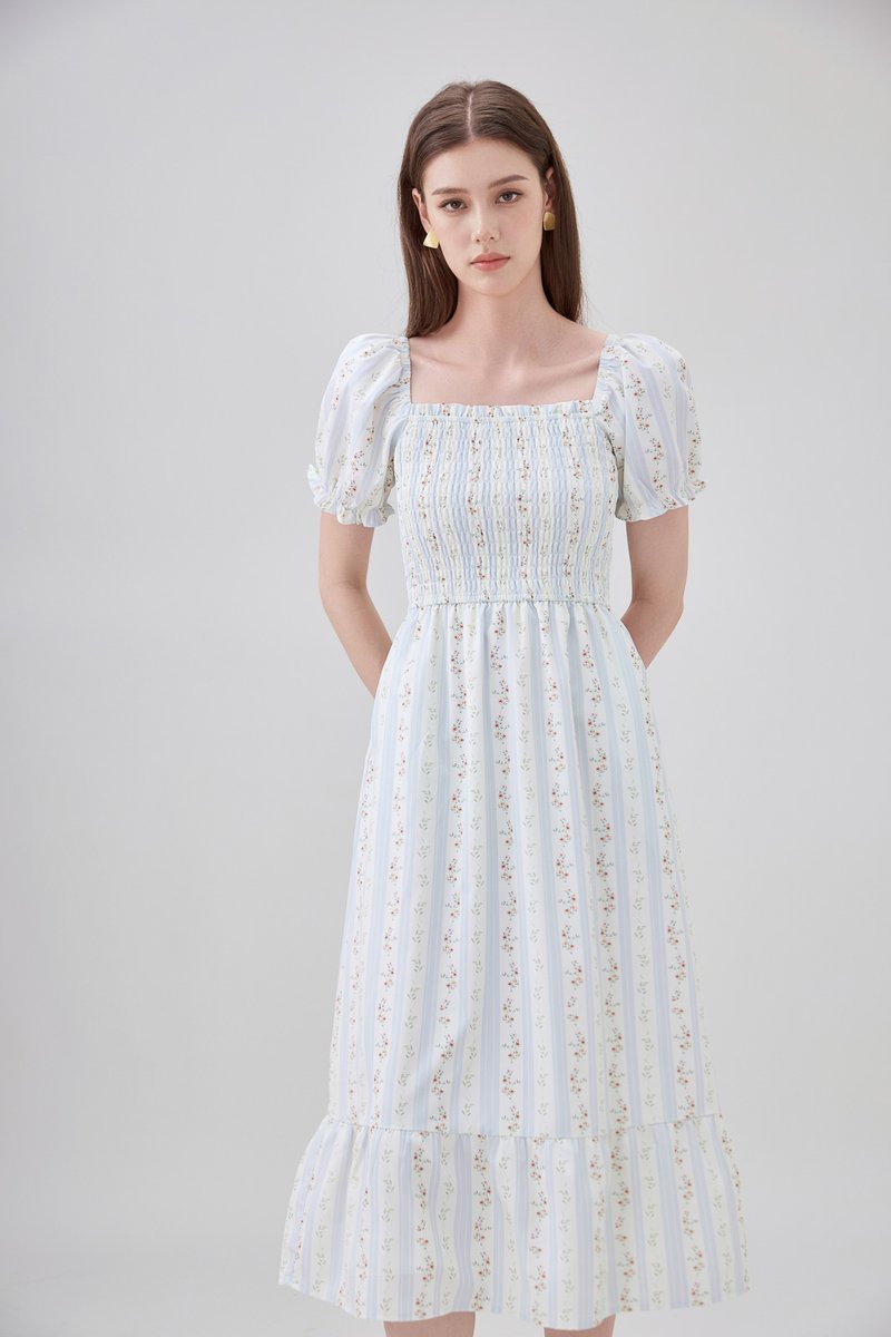 Lillie Smocked Ruffles Floral Midi Dress In Floral Stripe