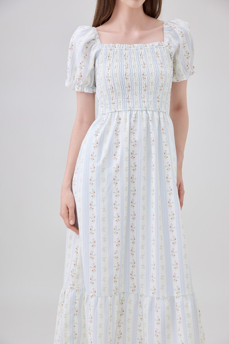 Lillie Smocked Ruffles Floral Midi Dress In Floral Stripe