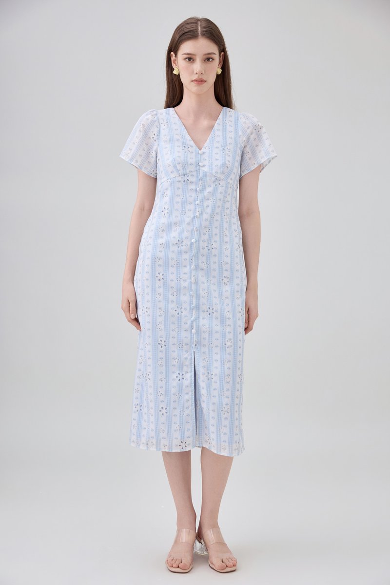 Elouise Eyelet Floral Button Midi Dress In Blue