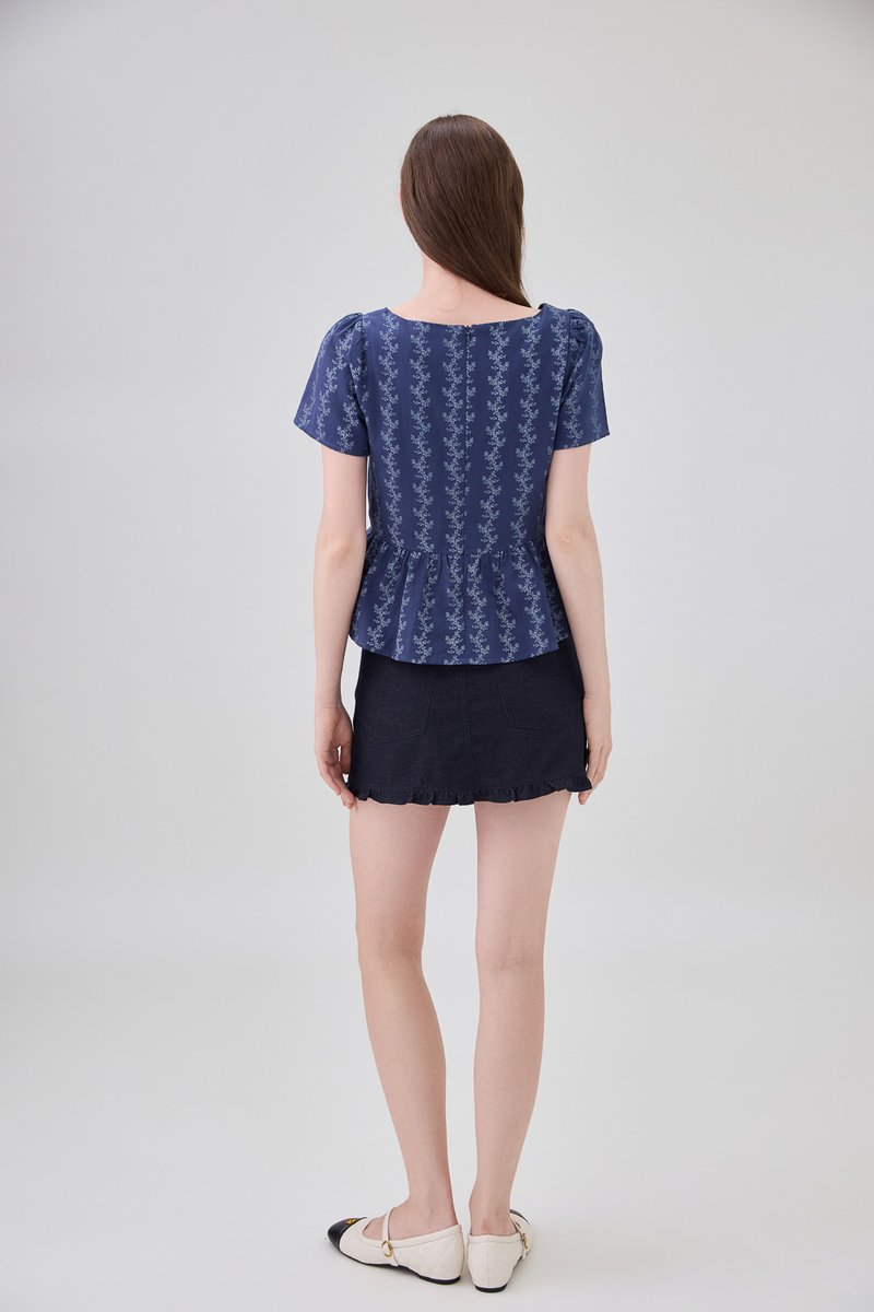 Celina Floral Vine Babydoll Top In Navy