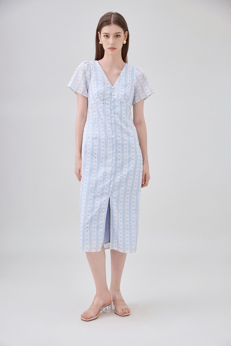 Elouise Eyelet Floral Button Midi Dress In Blue