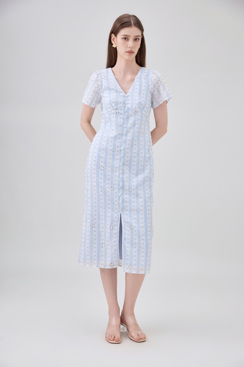 Elouise Eyelet Floral Button Midi Dress In Blue