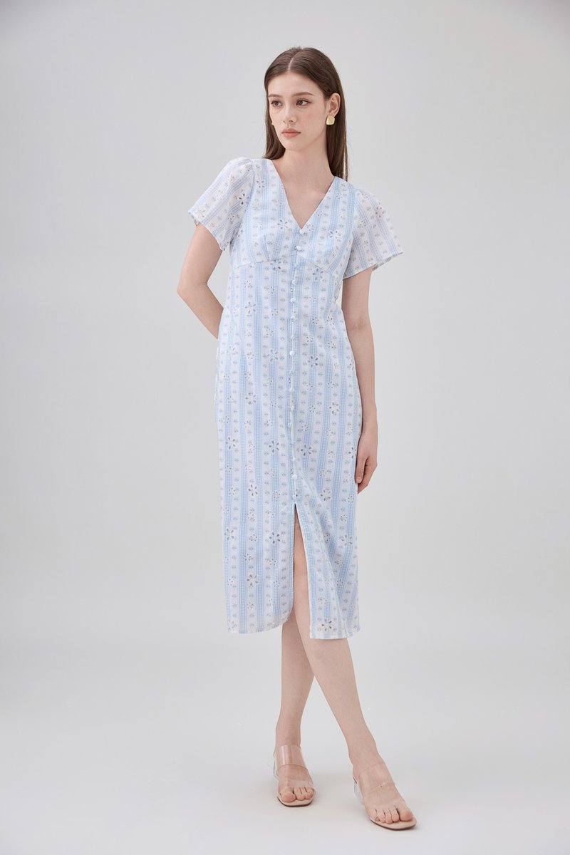 Elouise Eyelet Floral Button Midi Dress In Blue